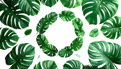 Lush, vibrant green monstera leaves arranged on a black background, forming a circular pattern