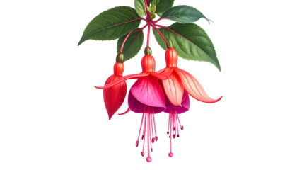 Digital illustration of hanging fuchsia blossoms with vibrant red and pink petals, green leaves