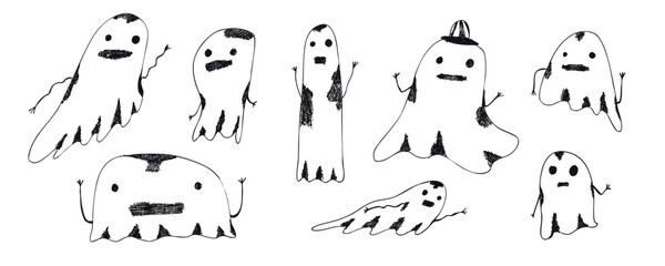 Pencils drawing outline sketch creepy Halloween Party ghost elements. Set of hand drawn monsters for greeting cards design, stickers, banners decor, autumn holiday flyer