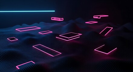 Futuristic landscape with neon geometric shapes on a wavy surface background
