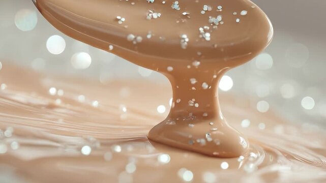 A gleaming spoon holds smooth, creamy substance with shimmering flecks scattered throughout. The soft, delicate hues blend beautifully with the sparkling background, creating elega