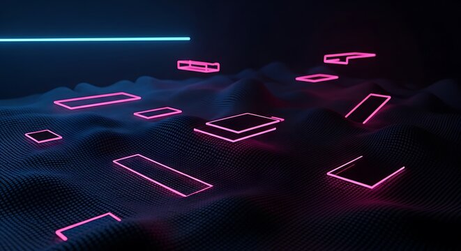 Futuristic landscape with neon geometric shapes on a wavy surface background