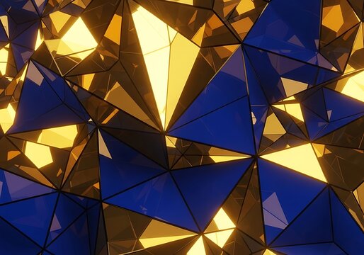 Geometric facets of blue and gold, crystal forms rendered in light
