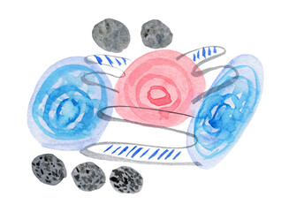 Abstract red , gray and blue watercolor painting composition with round shapes, swirls and lines. Contemporary illustration with geometric circles, ovals for poster, banner, greeting cards