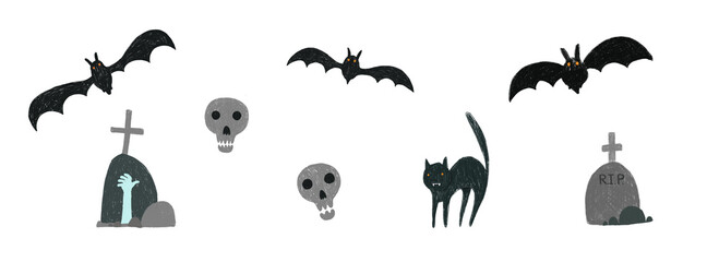 Cute crayon pencils drawing Halloween Party skull, cat, bats, grave elements. Set of cartoon watercolor graveyard symbols for greeting cards design, stickers, banners decor, autumn holiday flyer