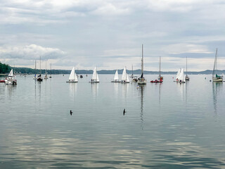 Sailboats in the Bay of Lake Michigan. Located within a bay of water on the coast of the Northern Michigan town of Harbor Springs, Little Traverse Bay.