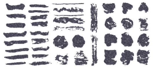 Grunge abstract set of black halftone lines pattern textured round shapes and brush strokes. Vector glitch paintbrush silhouette elements with stipple grain texture for graphic design