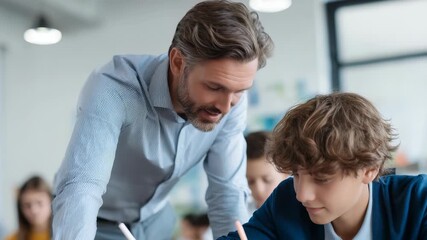 Male teacher attentively helps a teenage student with classwork in a modern classroom setting. Focused learning and mentorship create a positive educational atmosphere - Powered by Adobe