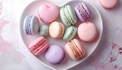 Fototapeta premium Assortment of pastel-colored French macarons on a heart-shaped plate, arranged artistically against a soft, textured background