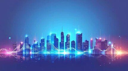 Vibrant futuristic cityscape with glowing data lines and network connections, symbolizing smart city technology, global communication, and innovation. - Powered by Adobe