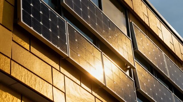 Closeup medium shot of energyefficient building wall with solar cladding converting sunlight into sustainable heat and power.