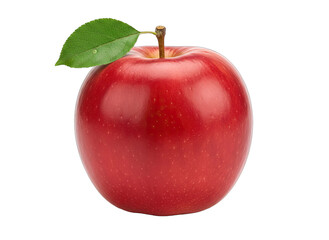 Single Vibrant Red Apple with a Single Green Leaf on Stem Isolated on Transparent Background with Detailed Texture and Natural Lighting
