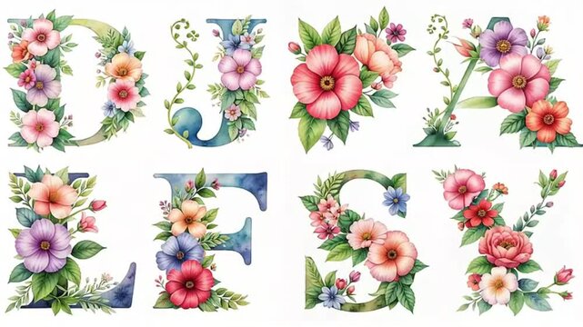 A delightful collection of uppercase alphabet letters beautifully adorned with vibrant watercolor flowers and lush green leaves, perfect for elegant designs.