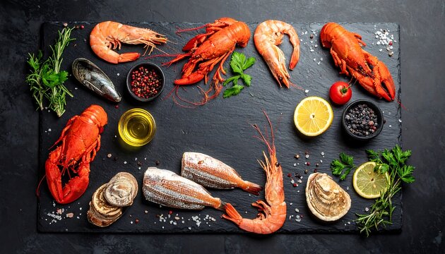 Assortment of raw seafood including shellfish, fish, herbs, spices and lemon slices arranged on a dark platter