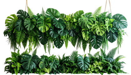 Lush, dense display of tropical plants, forming a vibrant green decorative archway