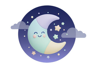 Smiling Crescent Moon Surrounded by Stars and Clouds on a Dark Blue Night Sky with Soft Pastel Shading and a Gentle Glow