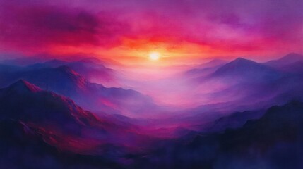 Fototapeta premium Vibrant Mountain Sunset With Fiery Orange Sun And Hazy Purple Peaks In Abstract Textured Style
