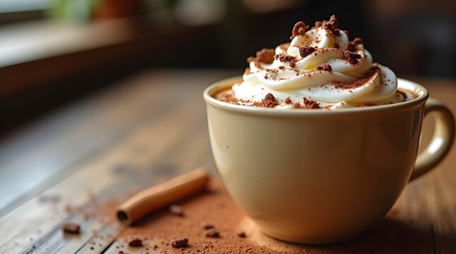 Delicious hot chocolate with whipped cream and chocolate shavings on a rustic wooden table