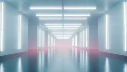 Obraz premium High-Key Liminal Space: Futuristic Symmetrical Corridor with White Neon Lights