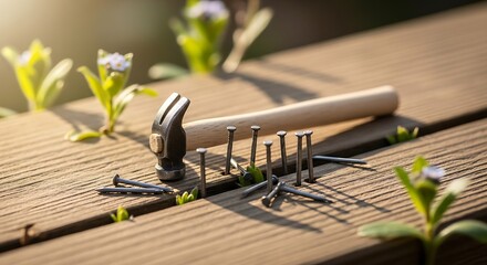 Hammering Nails into Wooden Planks with Emerging Wildflowers: A juxtaposition of construction and nature in sunlight