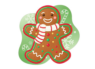 Smiling Gingerbread Man with Candy Cane and Snowflakes Christmas Holiday Festive Treat Illustration