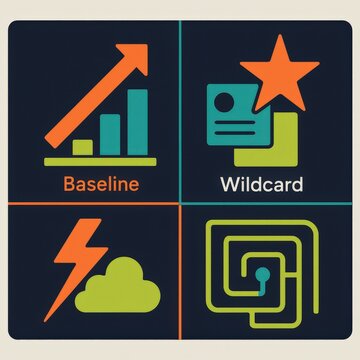 Innovative digital symbols representing data analysis concepts like baseline metrics, wildcard parameters, dynamic performance tracking, and strategy mapping in modern analytics