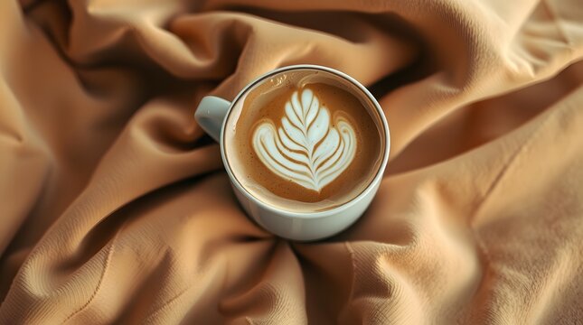 Closeup of a beautiful latte art coffee in a white cup on a warm brown fabric background