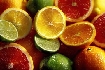 Fototapeta premium A wall of vibrant, rough-skinned citrus fruits (oranges, lemons, limes), some cut open to reveal juicy pulp