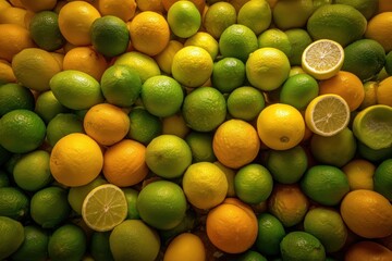 A wall of vibrant, rough-skinned citrus fruits (oranges, lemons, limes), some cut open to reveal juicy pulp