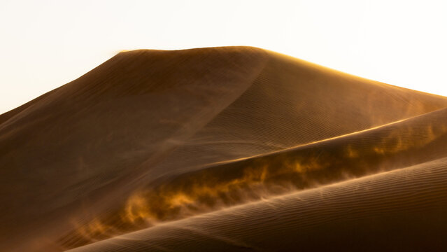 View of golden dunes, textured by the wind's breath, rise against the pale sky in a dance of light and shadow, Rub' al-Khali, United Arab Emirates.