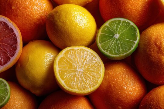 A wall of vibrant, rough-skinned citrus fruits (oranges, lemons, limes), some cut open to reveal juicy pulp - Powered by Adobe