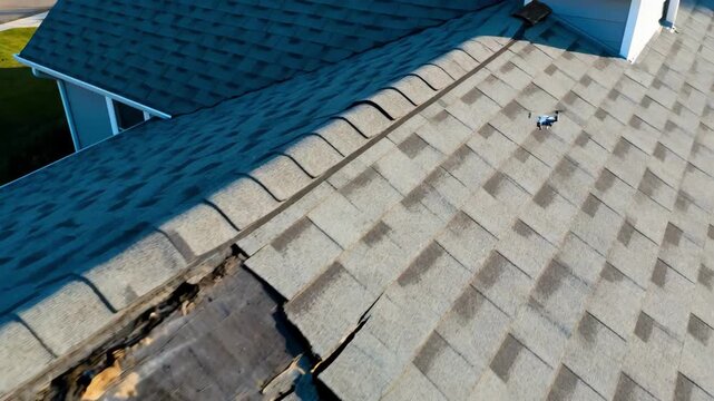 Medium shot aerial footage capturing detailed residential roof inspection focusing on shingle conditions and potential damage using drone technology