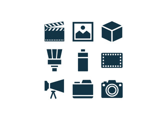 A collection of dark blue icons representing film making and creative professions tools
