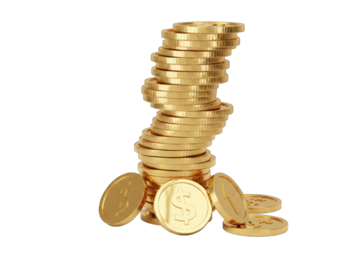 Stack Of Golden Coins On Black Background With Transparent Background Effect Isolated In Studio Lighting
