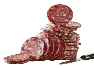 Stack Of Sliced Salami With A Knife On Black Background Detailed Close Up Food Photography