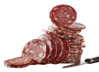 Stack Of Sliced Salami With A Knife On Black Background Detailed Close Up Food Photography