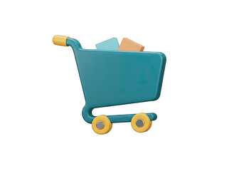 Teal 3D Shopping Cart Icon with Yellow Accents Filled with Light Blue and Tan Boxes Isolated on Transparent Background