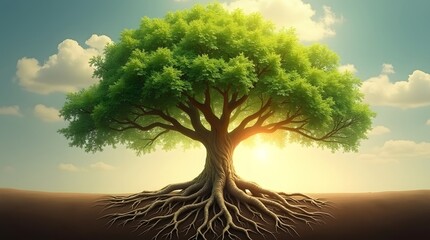 Magnificent tree with exposed roots under a glowing sky, symbolizing growth and strength