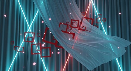 Abstract composition featuring drapery, geometric forms, and luminous lines