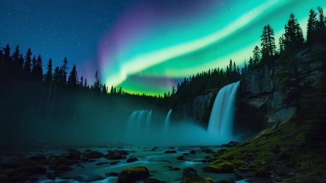aurora, borealis, northern, lights, vibrant, dancing, mountain, lake, waterfall, night, sky, stars, nature, landscape, scenic, beautiful, dramatic, spectacular, colorful, green, purple, pink, blue, ce