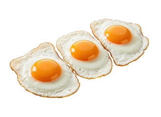 Three Perfectly Fried Eggs With Golden Yellow Yolk Isolated on a Clean Transparent Background with Soft Studio Lighting Illuminating the Crispy Edges of the Whites