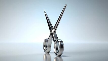 A gleaming pair of silver scissors stands upright on a reflective surface against a soft gradient background, highlighting its sharp blades and sleek design.
