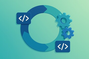 Obraz premium Circular digital workflow represented by interconnected coding symbols and gear mechanisms showcasing collaborative technology innovation and programming efficiency