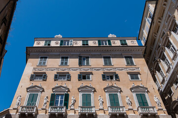 Fragments of the facade of the Cipriano Pallavicini Palace, Piazza Fossatello 2 (late 15th century). GENOVA, ITALY.