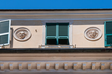 Fragments of the facade of the Cipriano Pallavicini Palace, Piazza Fossatello 2 (late 15th century). GENOVA, ITALY.