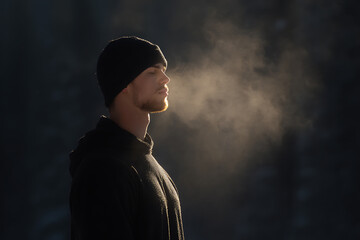 cold weather breathing, practicing outdoor cold-breathing exercises, with frost particles sparkling in the suns glow