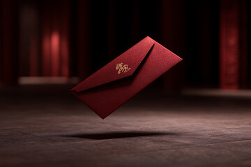 chinese new year celebration, slow-motion red envelopes and a golden horse emblem amidst festive lighting create an atmospheric scene