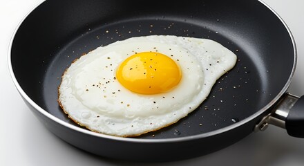 Single fried egg with bright yellow yolk in a black frying pan white