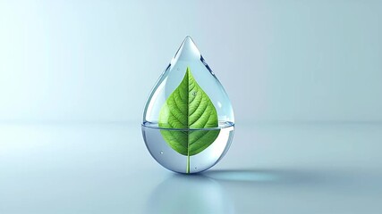 A vibrant green leaf is perfectly encapsulated within a sparkling, clear water droplet, symbolizing purity, nature, and environmental conservation against a serene blue background. - Powered by Adobe