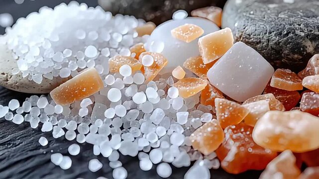 A captivating close-up of various natural salts and minerals, showcasing their diverse textures, shapes, and colors on a dark, textured background.
